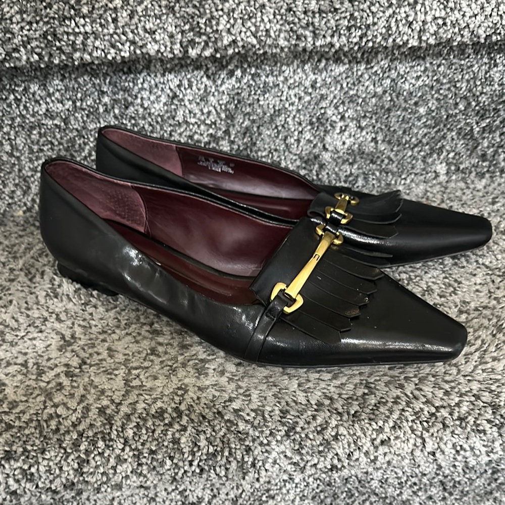 Franco Sarto Black Leather Kiltie Loafers with Gold Hardware